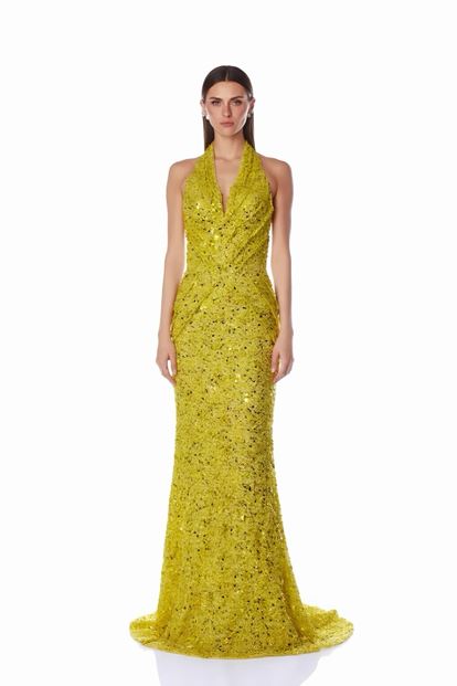 Gelbes  glitzerndes Abendkleid mit V Ausschnitt